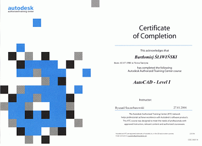 AutoCAD 2004 - certyfikat COC wydany przez ATC